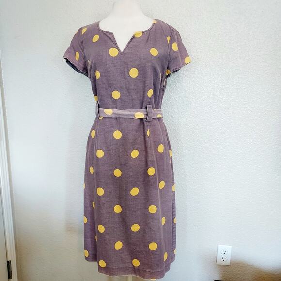 Boden Lavender Linen Blend Dress w/Yellow Polka Dots size 10L - Picture 2 of 14